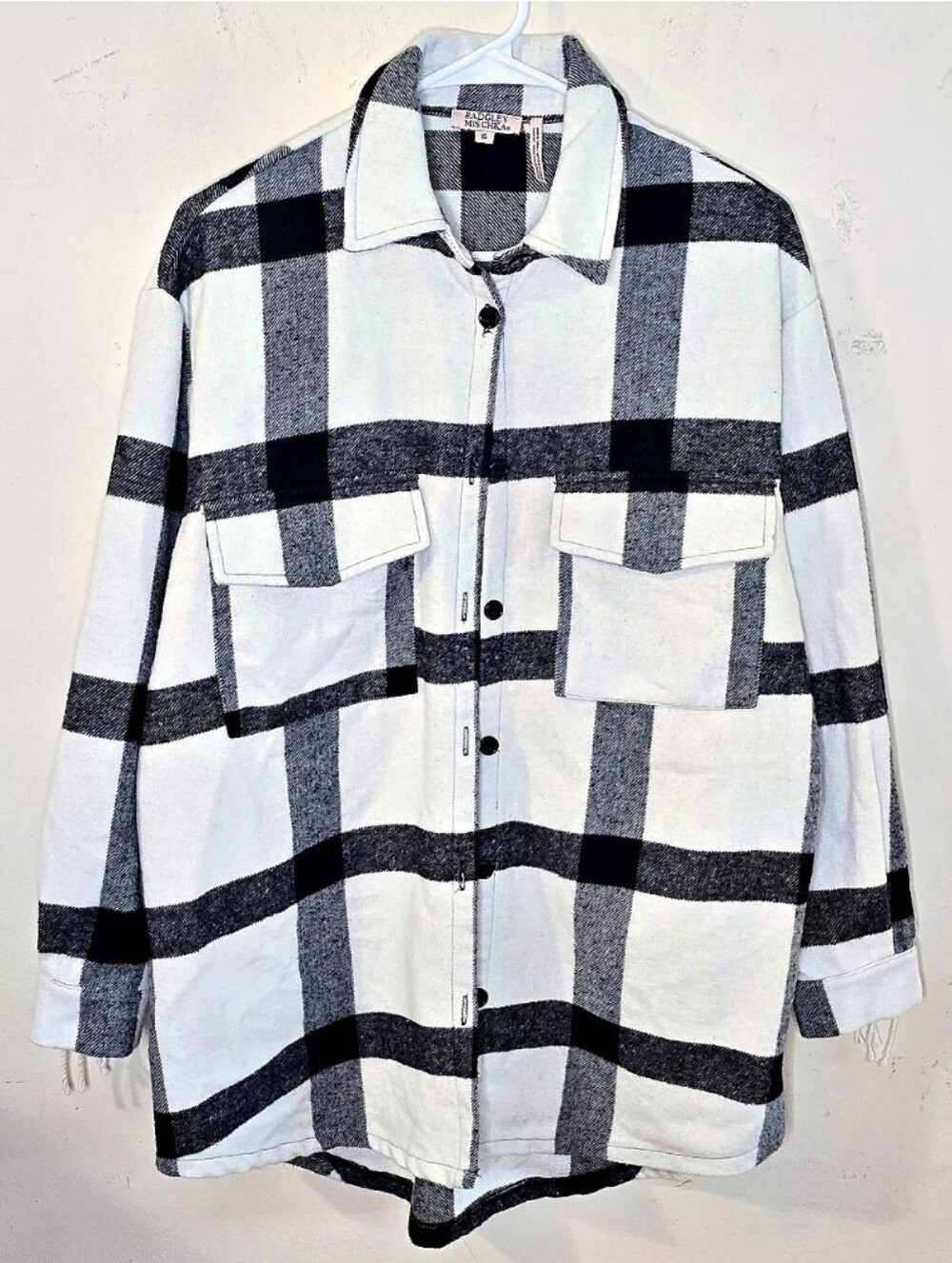 Badgley Mischka Women's XS Plaid Fringed Shacket Black White Button Front Jacket
